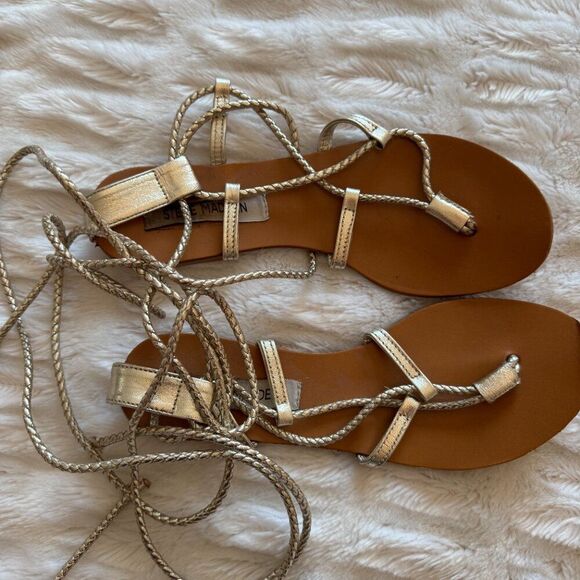 Steve Madden Werkit Gold Leather Leg Wrap Gladiator Sandals - Picture 11 of 16